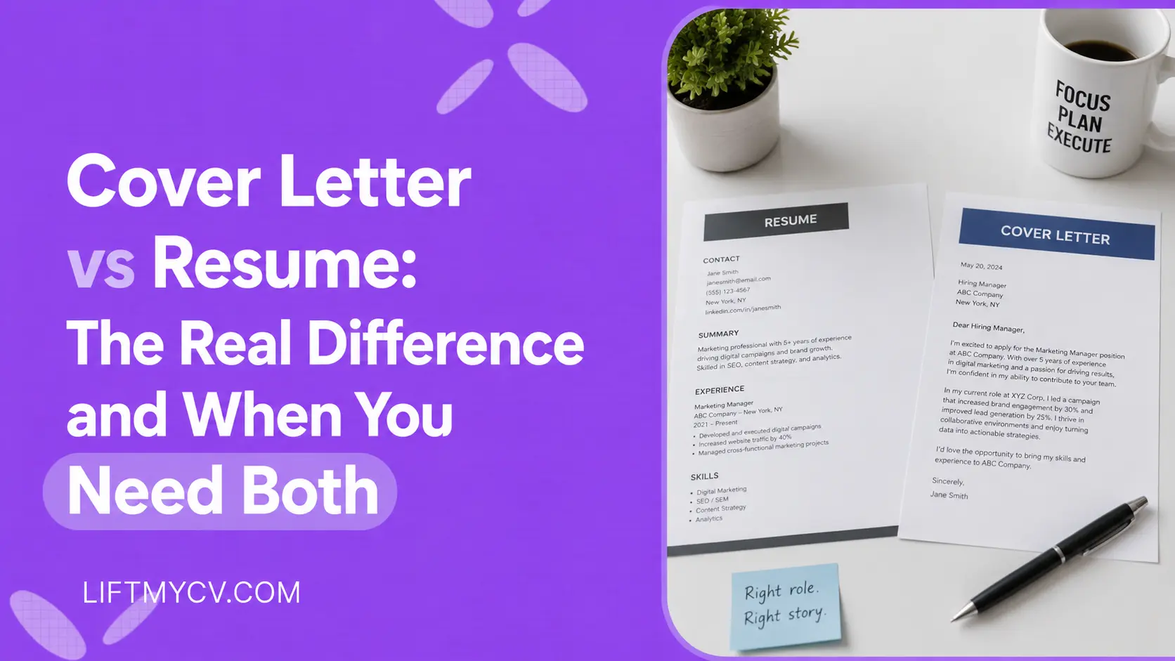 Cover letter and resume side by side showing how they differ