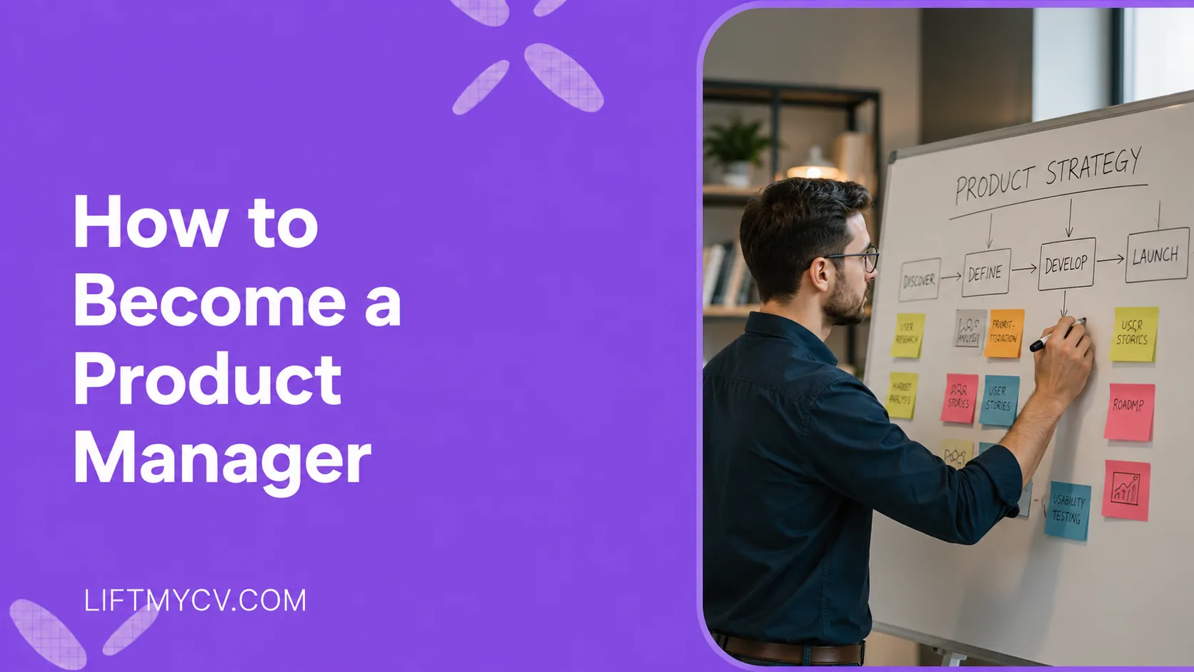 Product manager mapping a product strategy roadmap on a whiteboard with sticky notes
