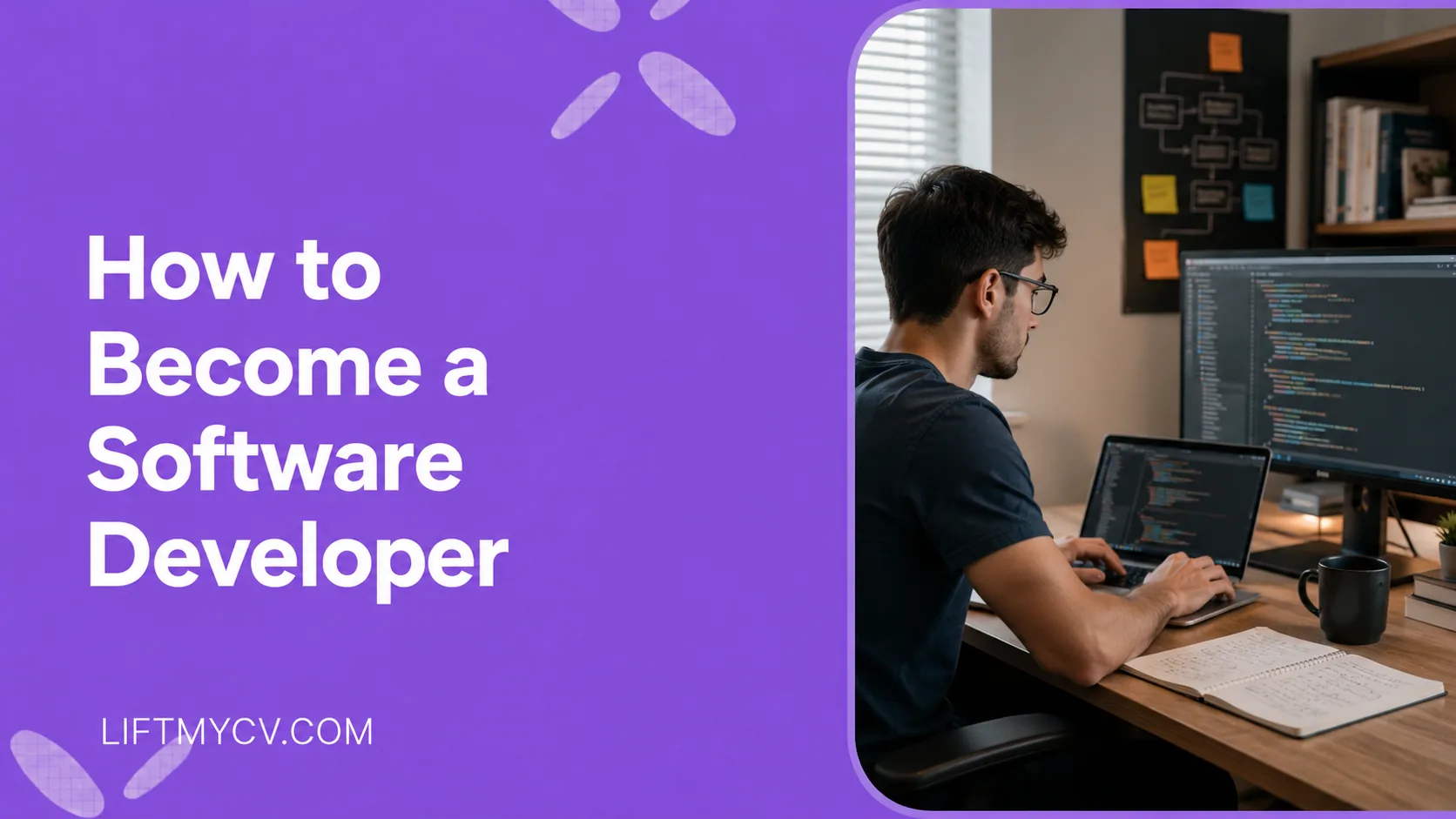 Software developer writing code on a laptop and external monitor at a home desk