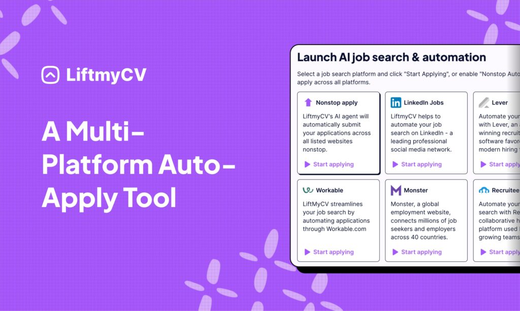 screenshot of liftmycv user interface with multi platform-auto apply tool on a purple background