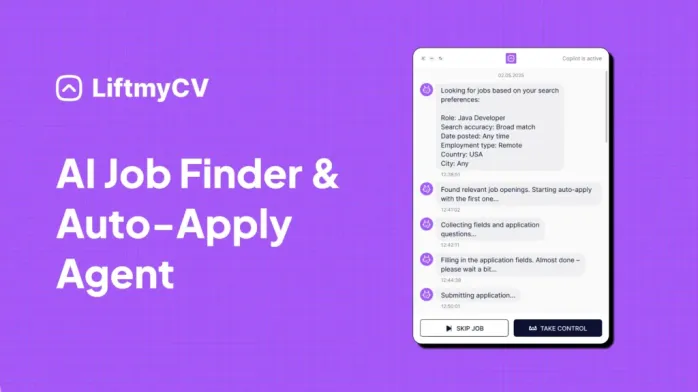 A screenshot with LiftmyCV's UI job search agent on a purple background