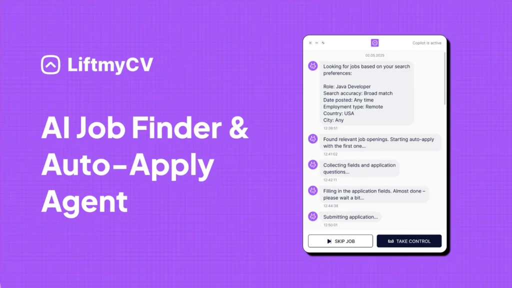 A screenshot with LiftmyCV's UI job search agent on a purple background