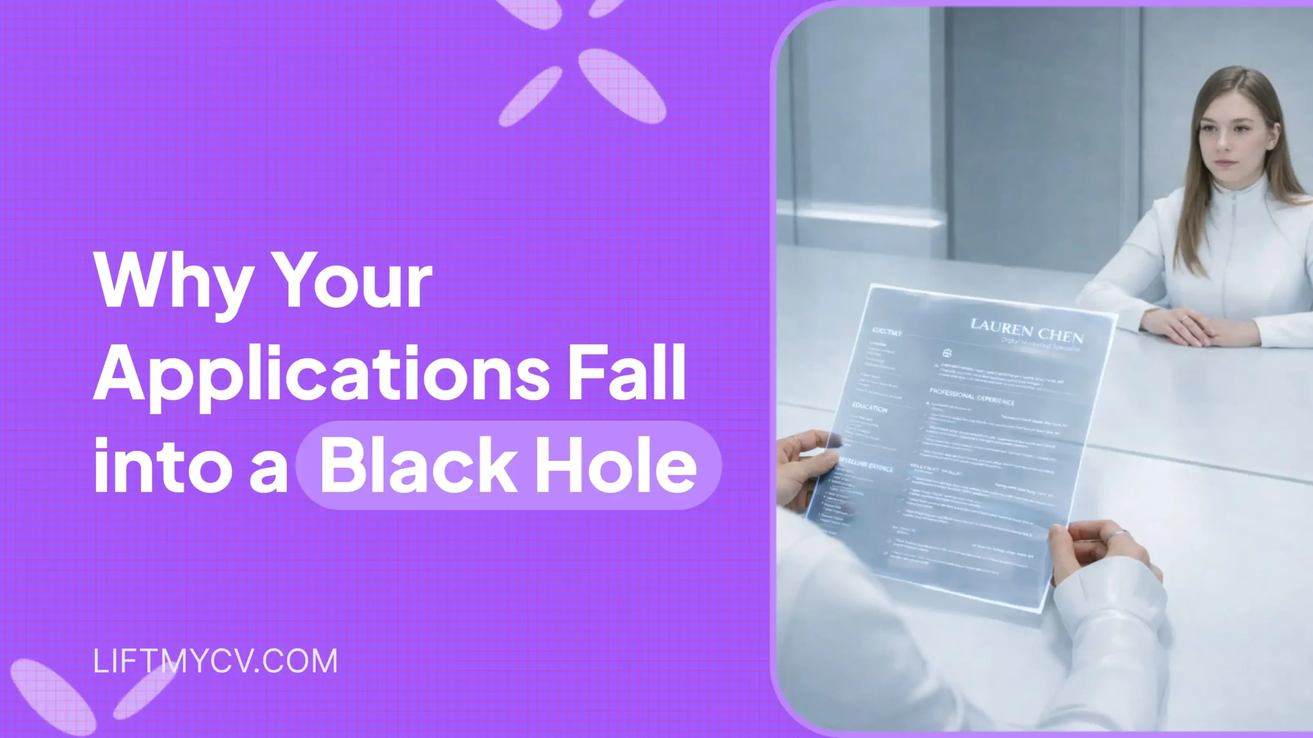 An image says Why Your Applications Are Falling into a Black Hole where a manager interview a candidate