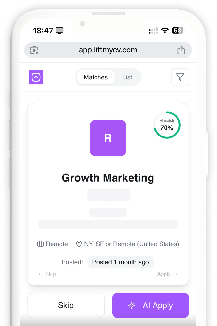 liftmycv ai job matches