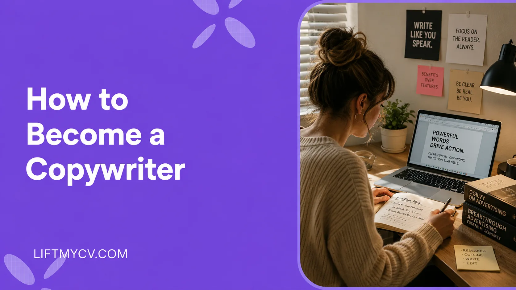 Copywriter reviewing ad copy variations and a landing page draft on screen