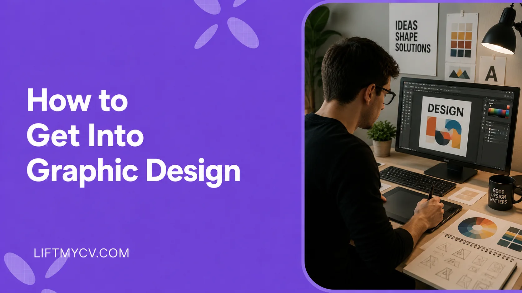 Graphic designer working on a brand identity layout with type and color studies
